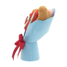 Blue plush bouquet with red ribbon tie and striped pouch, tan plush arms