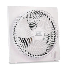 White box fan front grille with Black+Decker badge and control knob