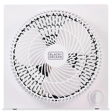White 9-inch box fan front view with circular grille and control knob