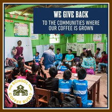 Coffee donation campaign poster: We give back to coffee-growing communities
