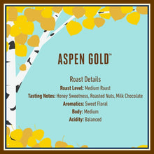 Aspen Gold roast details label: medium roast, honey sweetness, milk chocolate