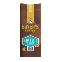 Whole bean coffee bag labeled Aspen Gold, medium roast, 36 oz, Boyer’s Coffee