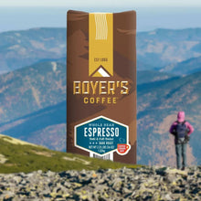 Boyer's Coffee whole bean espresso bag, dark roast, 36 oz, standing upright