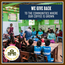 Coffee brand promotional poster with group setting and “We give back” message.