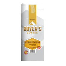 Light roast whole bean coffee bag with butterscotch toffee label, 36 oz.