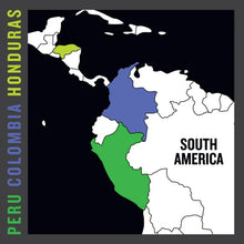 Coffee origins map highlighting Peru, Colombia, Honduras regions in South America