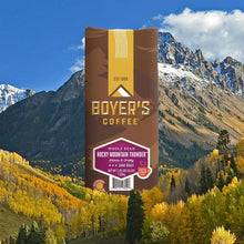 Boyer's coffee bag, whole bean dark roast Rocky Mountain Thunder front label