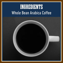 Cup of hot black coffee with Ingredients header and whole bean arabica text