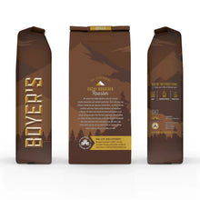 Boyer's coffee bag, whole bean dark roast, back and side label views