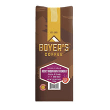 Boyer's coffee bag, whole bean dark roast, Rocky Mountain Thunder front label