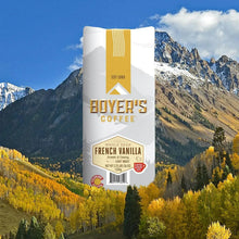 Whole bean French vanilla coffee bag, front label with gold stripe