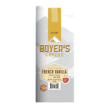 Whole bean French vanilla coffee bag, front label with gold accents