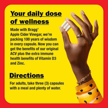 Wellness and directions label card with hand holding white capsules