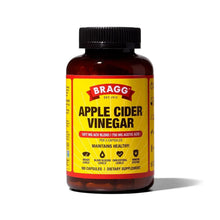 Apple cider vinegar supplement bottle with black cap, Bragg label front
