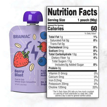 Berry Blast smoothie pouch with nutrition facts panel and purple flip-top cap