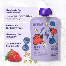 Berry Blast smoothie pouch with purple cap showing brain nutrients and no added sugars