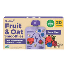Box of berry blast fruit and oat smoothie pouches, 20-pack with purple cap