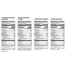 Nutrition facts labels on four snack packages