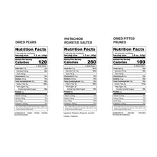 Nutrition facts labels on three snack packages