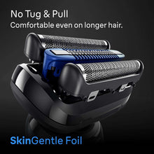 Electric foil shaver head with SkinGentle foil and blue trimmer attachment