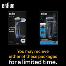 Braun Series 6 electric shaver kit box with blue accents and foil shaver head