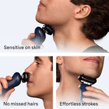 Electric foil shaver with trimmer attachment used on face and neck