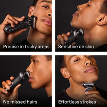 Electric shaver used on face, showing foil head and black handle