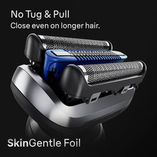 Electric shaver foil head with blue trimmer slot and protective housing