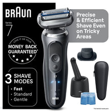 Braun electric razor kit with charging dock, trimmer, and protective cap