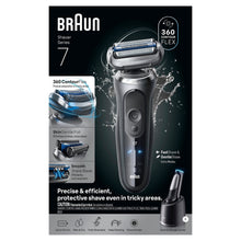 Braun Series 7 electric shaver retail box with foil head and water splash