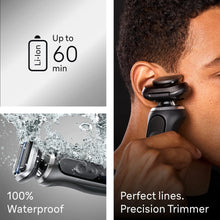 Electric shaver with precision trimmer for sideburns, shown near an ear