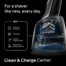 Electric shaver clean and charge center with transparent cleaning reservoir