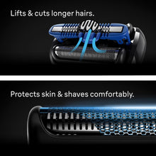 Electric foil shaver cutting head and comb detail with blue pattern