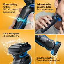 Electric shaver with blue accents shown wet and dry, with EasyClean base