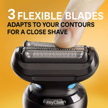 Electric shaver cutting head close-up with mesh foil and EasyClean base