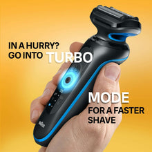 Braun Series 5 electric shaver in hand, black body with blue accents and foil head