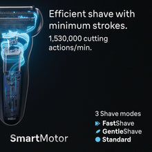 Braun Series 7 electric shaver with display showing cutting action, black handle