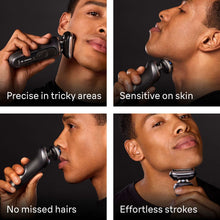 Braun Series 7 electric shaver used on face, black handle with foil head