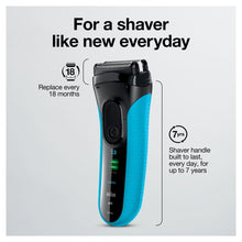 Electric shaver with turquoise body and protective cap, full front view.