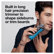 Electric shaver with precision trimmer for sideburns and beard shaping.