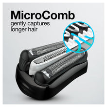 Electric shaver head with microcomb and foil cutters, close-up view.