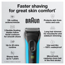 Electric shaver with long hair trimmer and turquoise handle, front view.