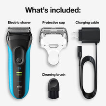 Electric shaver kit: shaver, protective cap, cleaning brush, and charging cable.
