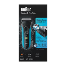 Braun Series 3 ProSkin shaver retail box with turquoise electric shaver shown.