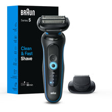 Electric shaver with EasyClean stand shown next to Series 5 kit box