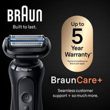 Electric shaver with foil head and blue ring shown with warranty badge