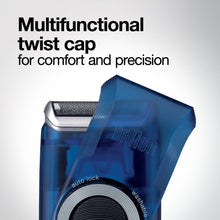 Blue electric shaver with twist cap and foil head, circular auto-lock dial visible.