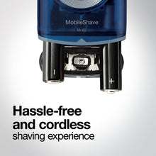 Blue electric shaver base with open foil cartridge and shaving head exposed.