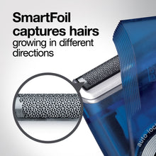 Blue electric shaver showing foil cutting head with micro-texture screen.