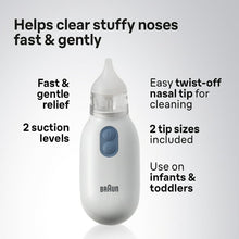 White nasal aspirator centered with blue control panel and clear suction tip